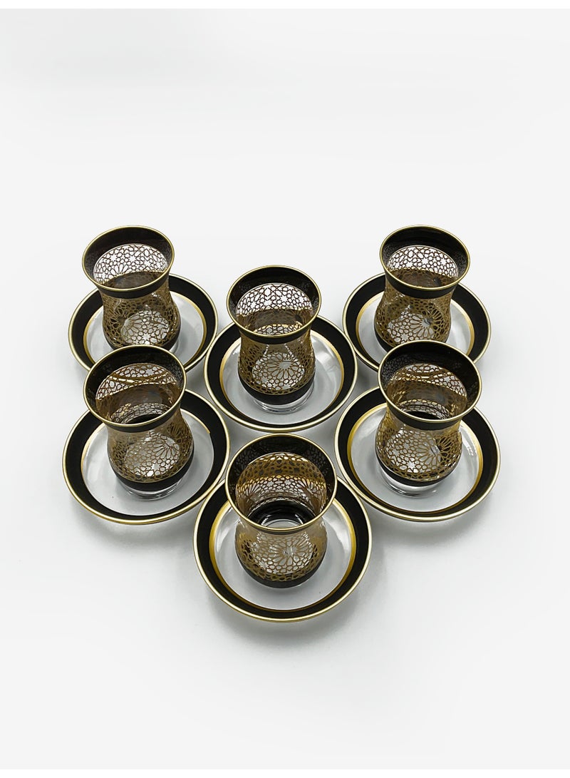 Acar Luxury Black & Gold Turkish Tea Glass Set with Saucers – 6 Pieces | Made in Turkey - Image 1