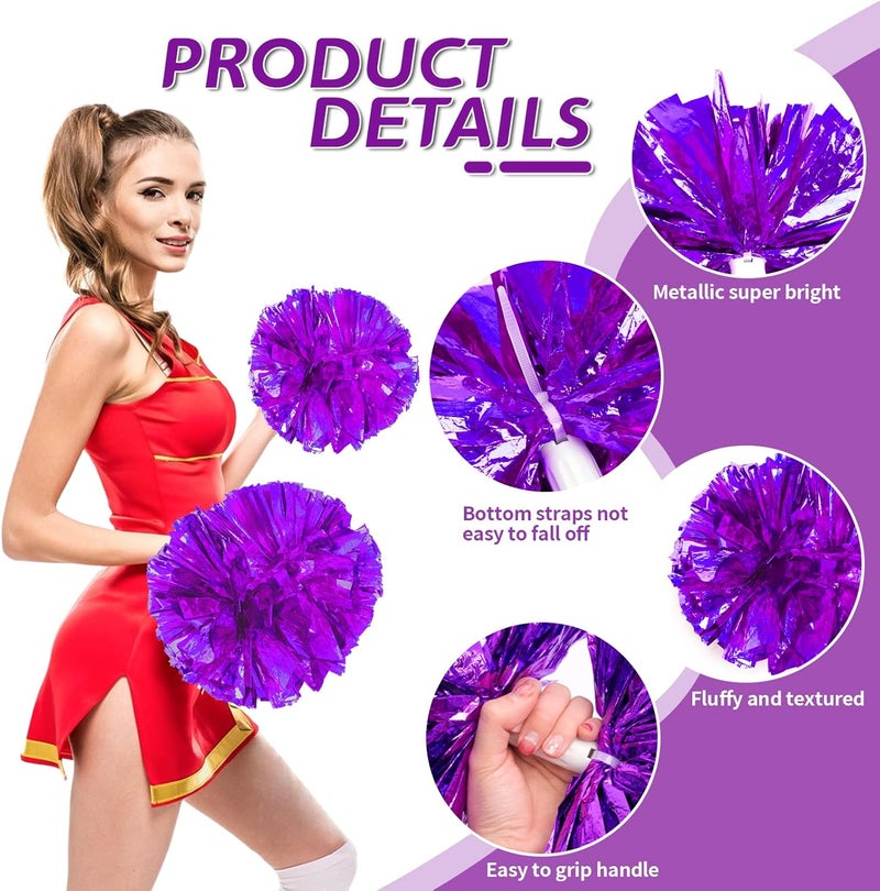 CREATIEE-PRO 4Pcs Metallic Cheerleading Pom Poms, Creatiee 2 Pair Cheerleader Cheering Squad Pompoms for School Sports Dance Games Team Spirit Cheer - Image 3