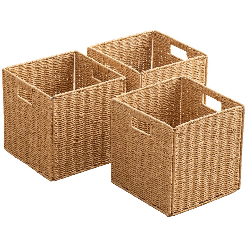 Foldable Storage Baskets with Handles Paper Rope Storage Baskets Rectangle Collapsible Hand Woven Storage Cubes Bins for Organizing Shelves Living Room Bedroom Pantry 3 11 x 11 x 11