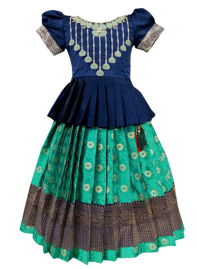 comrate فستان كومرات للبنات بملابس تقليدية جنوب هندية باتو بافاداي ليهينغا تشولي للأطفال (أزرق 7-8 سنوات) - Image 2