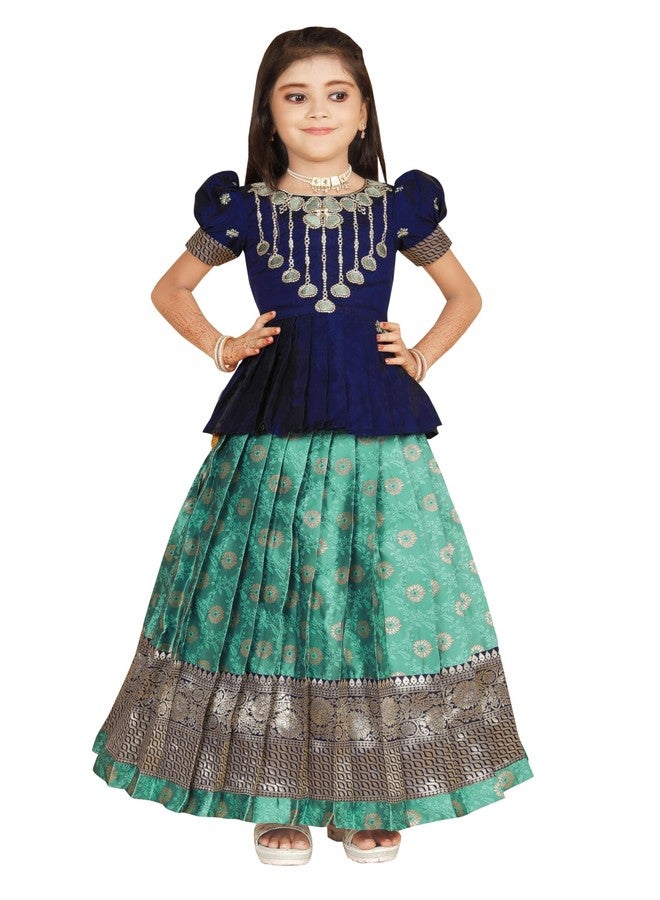 comrate فستان كومرات للبنات بملابس تقليدية جنوب هندية باتو بافاداي ليهينغا تشولي للأطفال (أزرق 7-8 سنوات) - Image 1