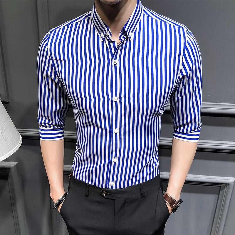 2023 Summer New Mens Korean Style Slim-fit Seven-sleeve Striped Shirt Fashionable Mens Large Size Casual Trendy Cardigan Lake Blue  - Image 1