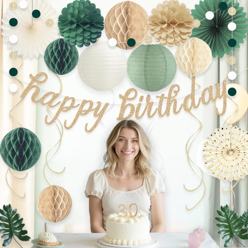 Aonor Sage Green Happy Birthday Decorations, Pre-Strung Happy Birthday Banner with Honeycomb Balls, Paper Flowers, Lanterns, Hanging Swirls, Circle Dots Garland for Birthdays Party Decorations 24pcs - Image 5