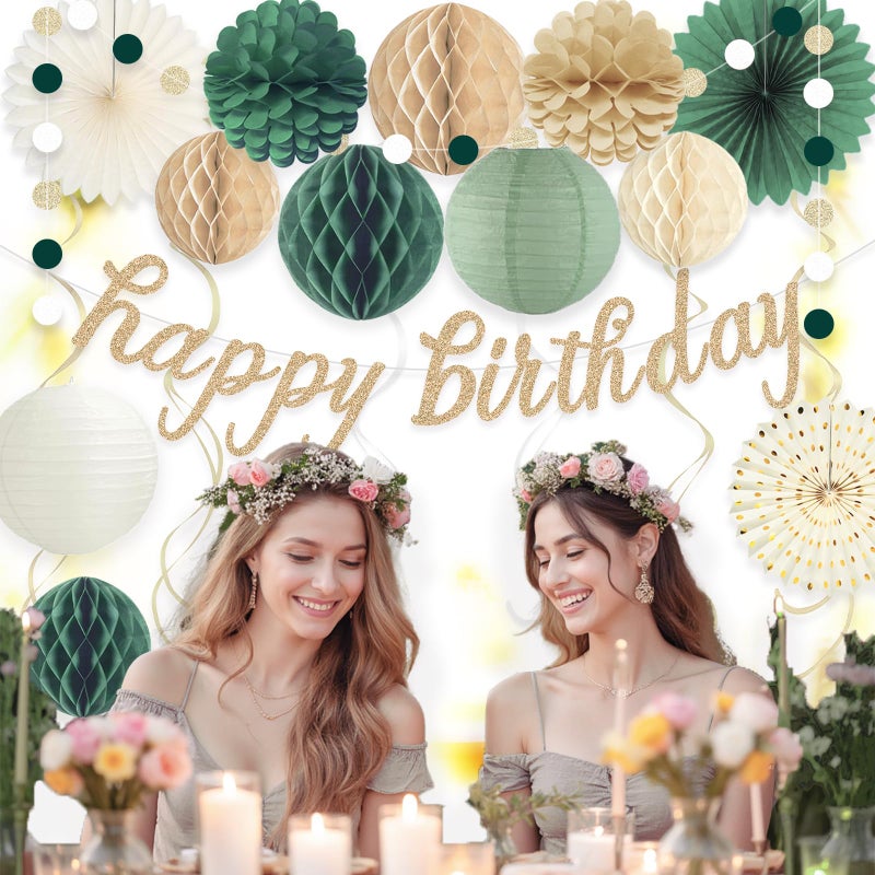 Aonor Sage Green Happy Birthday Decorations, Pre-Strung Happy Birthday Banner with Honeycomb Balls, Paper Flowers, Lanterns, Hanging Swirls, Circle Dots Garland for Birthdays Party Decorations 24pcs - Image 2