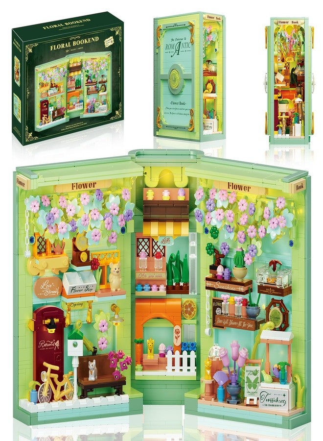 NEWABWN Floral Book Nook Building Set with Light, Compatible with Lego Flowers DIY Booknook Building Block kit for Home Decor Bookshelf, 1106 PCS Bookend House Building Toy Gift for Adult 14+ - Image 1