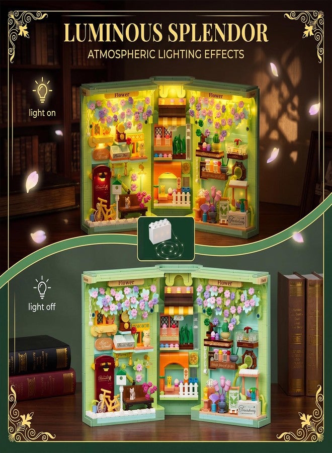 NEWABWN Floral Book Nook Building Set with Light, Compatible with Lego Flowers DIY Booknook Building Block kit for Home Decor Bookshelf, 1106 PCS Bookend House Building Toy Gift for Adult 14+ - Image 4