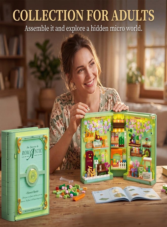 NEWABWN Floral Book Nook Building Set with Light, Compatible with Lego Flowers DIY Booknook Building Block kit for Home Decor Bookshelf, 1106 PCS Bookend House Building Toy Gift for Adult 14+ - Image 5