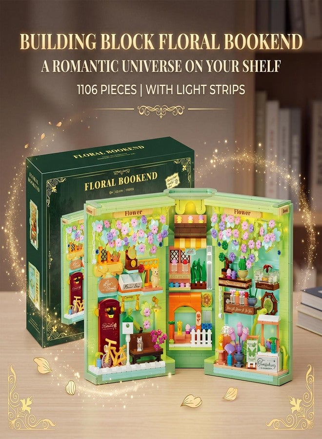 NEWABWN Floral Book Nook Building Set with Light, Compatible with Lego Flowers DIY Booknook Building Block kit for Home Decor Bookshelf, 1106 PCS Bookend House Building Toy Gift for Adult 14+ - Image 2