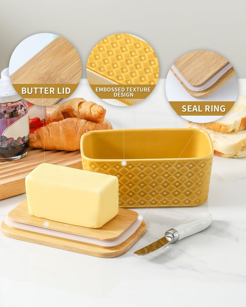 Hasense Ceramic Butter Dish with Sealing Lid, Large Yellow Butter Container for Countertop Airtight Butter Stick Covered Keeper Storage,Embossed Pattern,Easy Clean Dishwasher Safe - Image 4