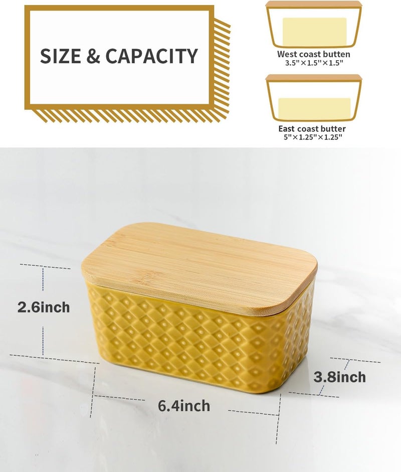 Hasense Ceramic Butter Dish with Sealing Lid, Large Yellow Butter Container for Countertop Airtight Butter Stick Covered Keeper Storage,Embossed Pattern,Easy Clean Dishwasher Safe - Image 3