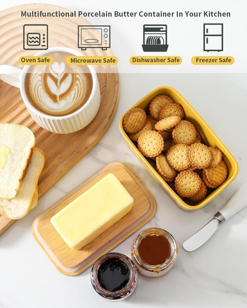 Hasense Ceramic Butter Dish with Sealing Lid, Large Yellow Butter Container for Countertop Airtight Butter Stick Covered Keeper Storage,Embossed Pattern,Easy Clean Dishwasher Safe - Image 5