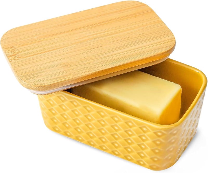 Hasense Ceramic Butter Dish with Sealing Lid, Large Yellow Butter Container for Countertop Airtight Butter Stick Covered Keeper Storage,Embossed Pattern,Easy Clean Dishwasher Safe - Image 1