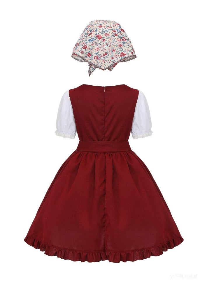 liannaner Girls Red Dirndl Dress, Bavarian Oktoberfest Costume with Floral Apron & Matching Headscarf, Traditional German Maid Outfit for Kids Halloween Carnival Cosplay, 2-12 Years - Image 4