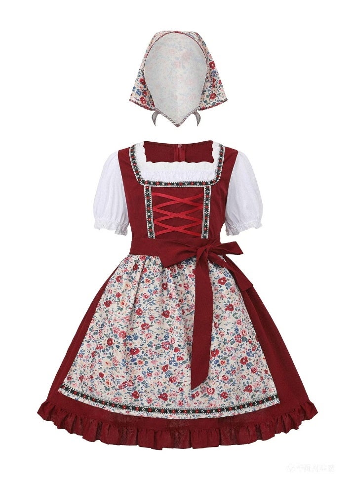 liannaner Girls Red Dirndl Dress, Bavarian Oktoberfest Costume with Floral Apron & Matching Headscarf, Traditional German Maid Outfit for Kids Halloween Carnival Cosplay, 2-12 Years - Image 3
