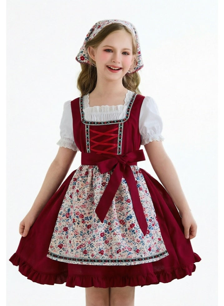 liannaner Girls Red Dirndl Dress, Bavarian Oktoberfest Costume with Floral Apron & Matching Headscarf, Traditional German Maid Outfit for Kids Halloween Carnival Cosplay, 2-12 Years - Image 1
