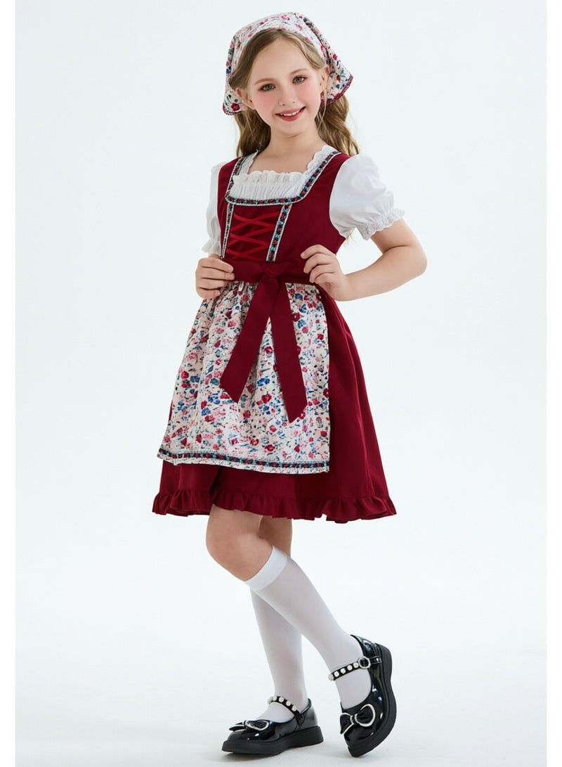 liannaner Girls Red Dirndl Dress, Bavarian Oktoberfest Costume with Floral Apron & Matching Headscarf, Traditional German Maid Outfit for Kids Halloween Carnival Cosplay, 2-12 Years - Image 5