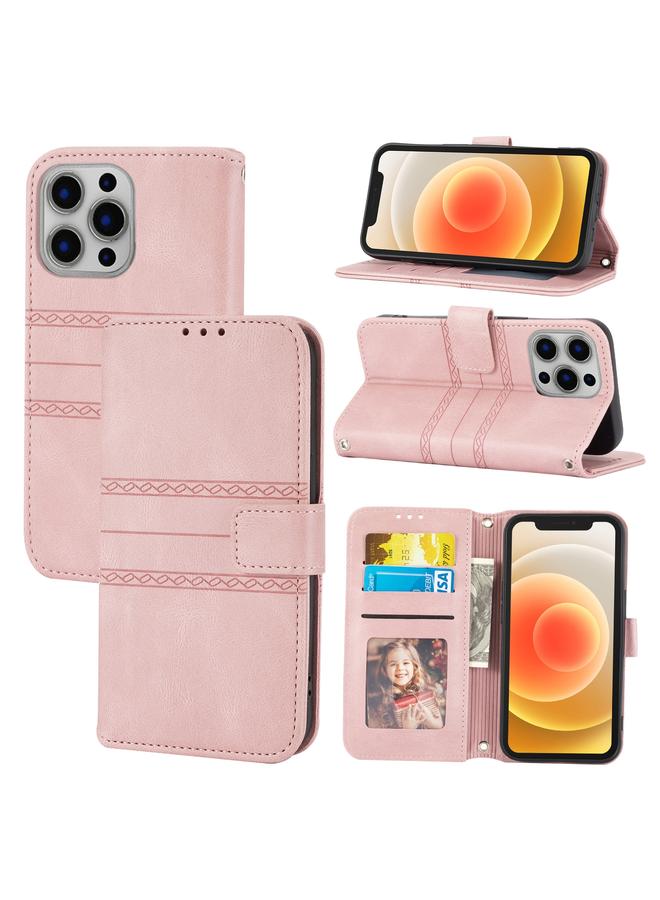 زبون جراب لهاتف iPhone 12 Pro Max من الجلد الصناعي PU + TPU بتصميم مخطط منقوش مع مشبك مغناطيسي مع حامل وفتحة للبطاقات ومحفظة وإطار للصور وحزام - Image 1