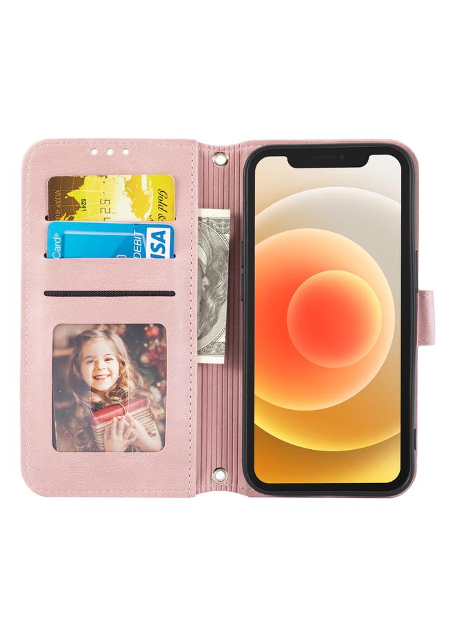 زبون جراب لهاتف iPhone 12 Pro Max من الجلد الصناعي PU + TPU بتصميم مخطط منقوش مع مشبك مغناطيسي مع حامل وفتحة للبطاقات ومحفظة وإطار للصور وحزام - Image 4