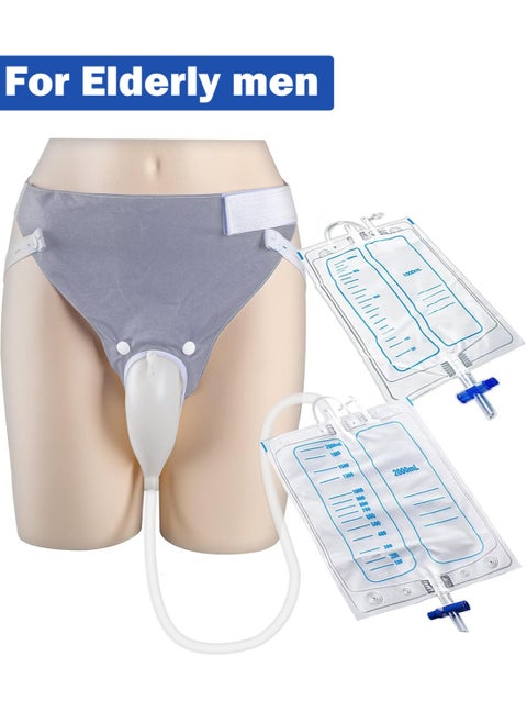Wearable Urinal Collector with Reusable Silicone Urine Catheter Bag 2000ml and 1000ml, Portable External Catheter Urine Bag for Elderly Men Grey