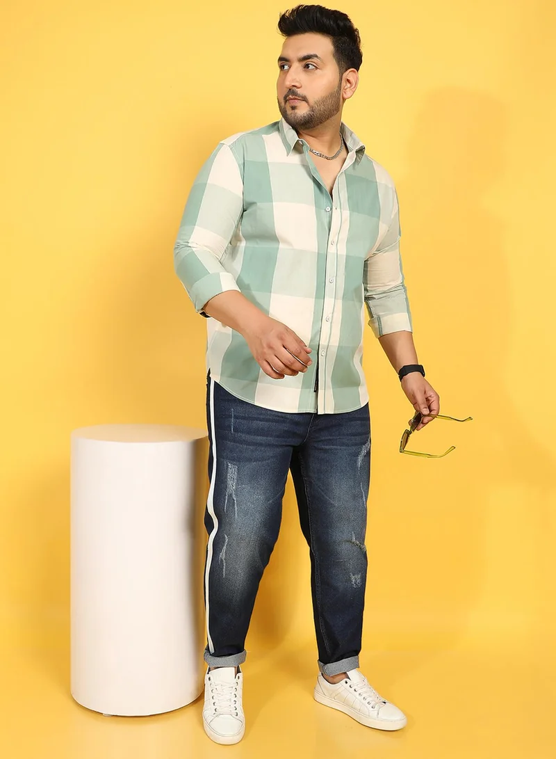 انستافاب بلس قميص رجالي كاروهات أبيض وأخضر مقاس كبير قطن مريح للارتداء اليومي