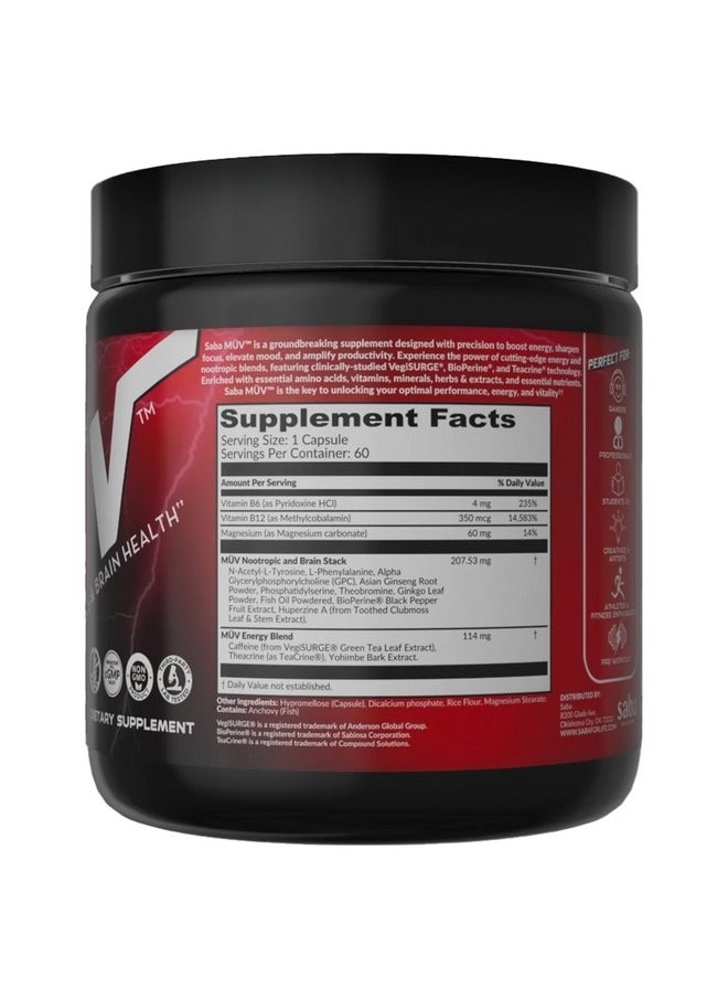 Saba Kombucha Saba MUV - Energy, Nootropics & Brain Health: Enjoy Jitter-Free Energy from botanicals, Vitamins, and Minerals. Boost Focus, Mood, Memory, and cognition for Peak Performance. 60 Capsules.  - Image 2