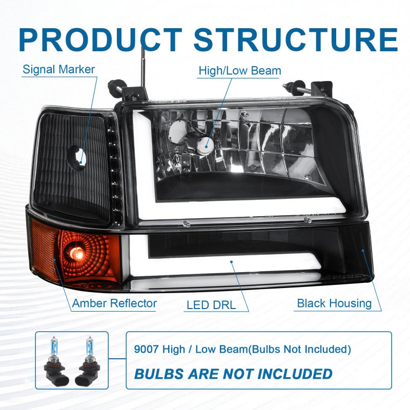 Fullux LED DRL Headlights Compatible with 1992-1996 Ford F150 F250 F350 & Ford Bronco Replacement Headlamp Amber Reflector Black Housing - Image 4