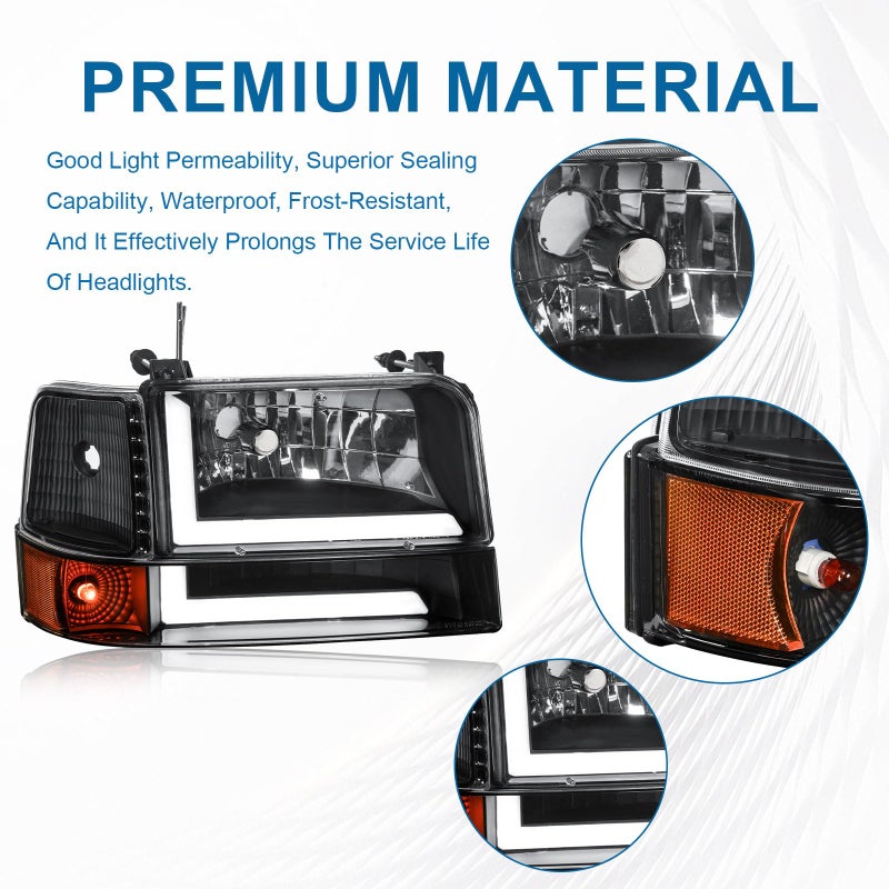 Fullux LED DRL Headlights Compatible with 1992-1996 Ford F150 F250 F350 & Ford Bronco Replacement Headlamp Amber Reflector Black Housing - Image 3