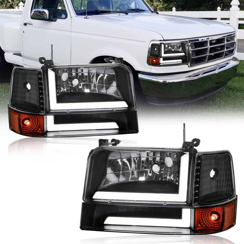 Fullux LED DRL Headlights Compatible with 1992-1996 Ford F150 F250 F350 & Ford Bronco Replacement Headlamp Amber Reflector Black Housing - Image 1