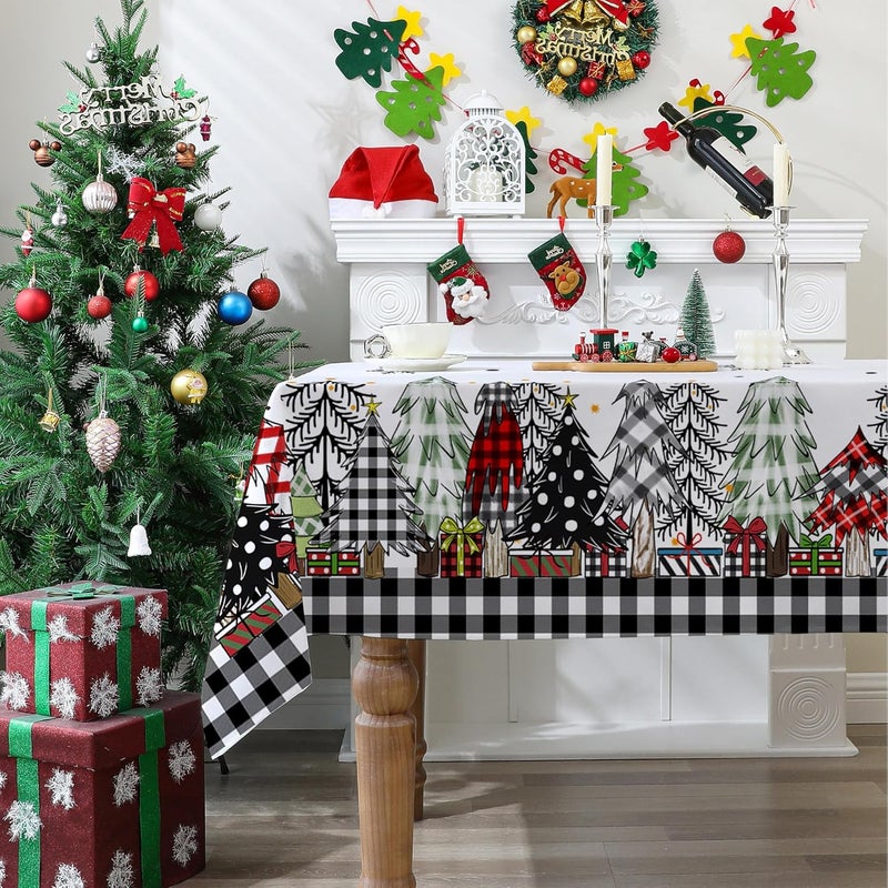 Mantel de Navidad de 152 x 220 cm (60 x 84 pulgadas) para mesas rectangulares, decoración navideña de cuadros de búfalo negro, resistente al agua, decoración de fiesta de árbol de Navidad - Image 4