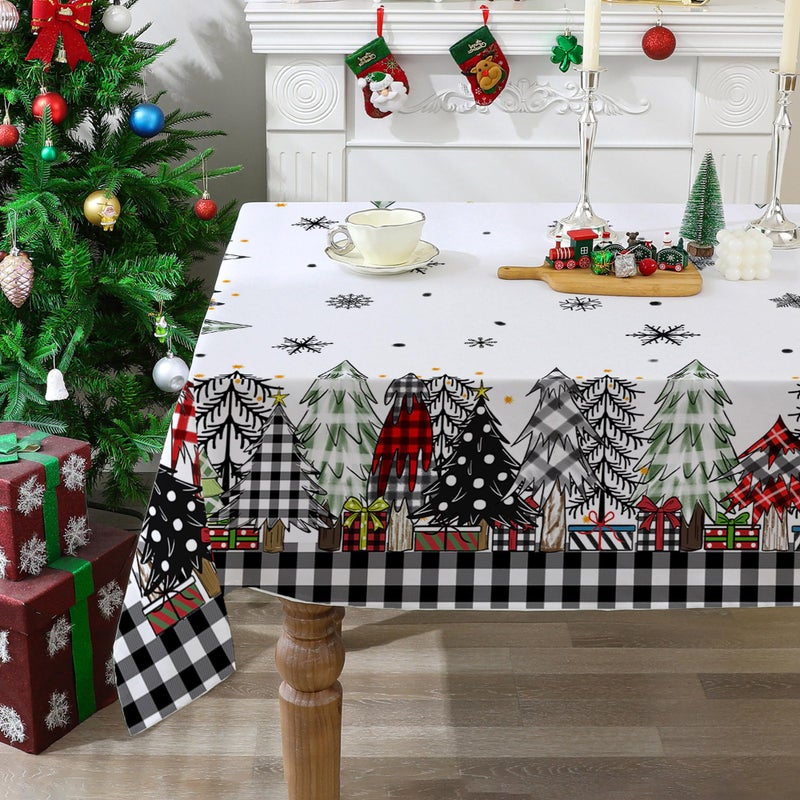 Mantel de Navidad de 152 x 220 cm (60 x 84 pulgadas) para mesas rectangulares, decoración navideña de cuadros de búfalo negro, resistente al agua, decoración de fiesta de árbol de Navidad - Image 1