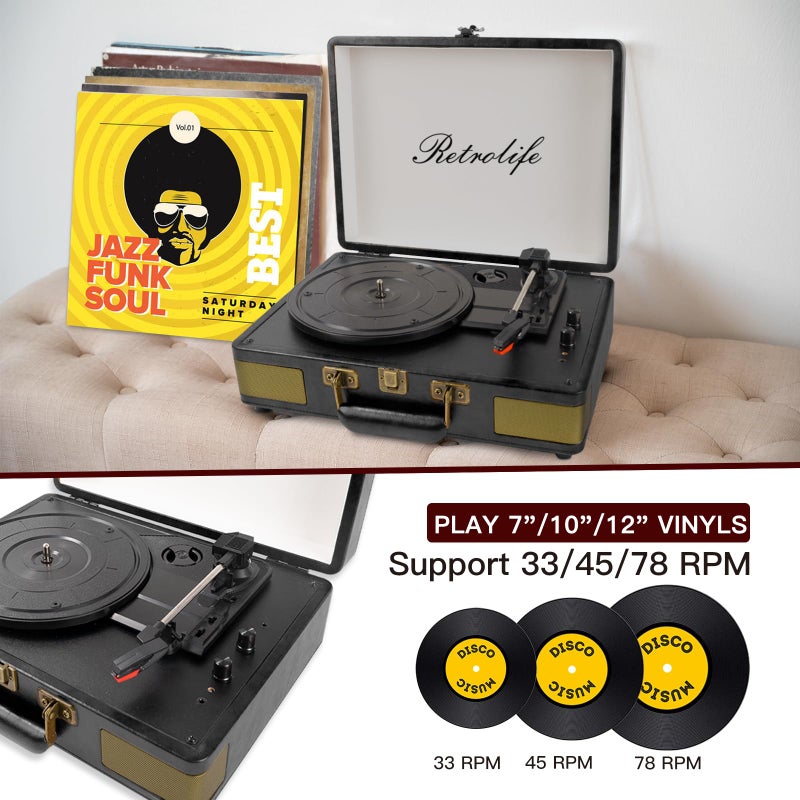 Retrolife مشغل أسطوانات ريترو لايف 3 سرعات بلوتوث محمول حقيبة مشغل أسطوانات فونوغراف مع مكبرات صوت مدمجة صوت محسن جلد PU عتيق - Image 3