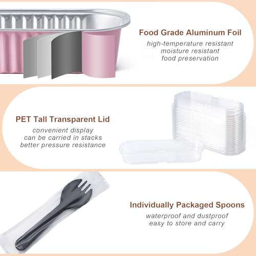 Husfunov Mini Cake Pans with Lids and Spoons, Small Aluminum Foil Loaf Pans, Rectangular Baking Containers for Party and Picnics, 25 Pack, 6.8oz (Pink) - Image 3