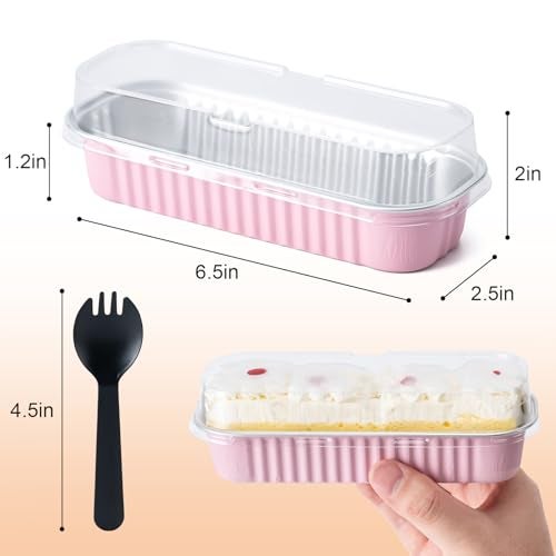 Husfunov Mini Cake Pans with Lids and Spoons, Small Aluminum Foil Loaf Pans, Rectangular Baking Containers for Party and Picnics, 25 Pack, 6.8oz (Pink) - Image 2