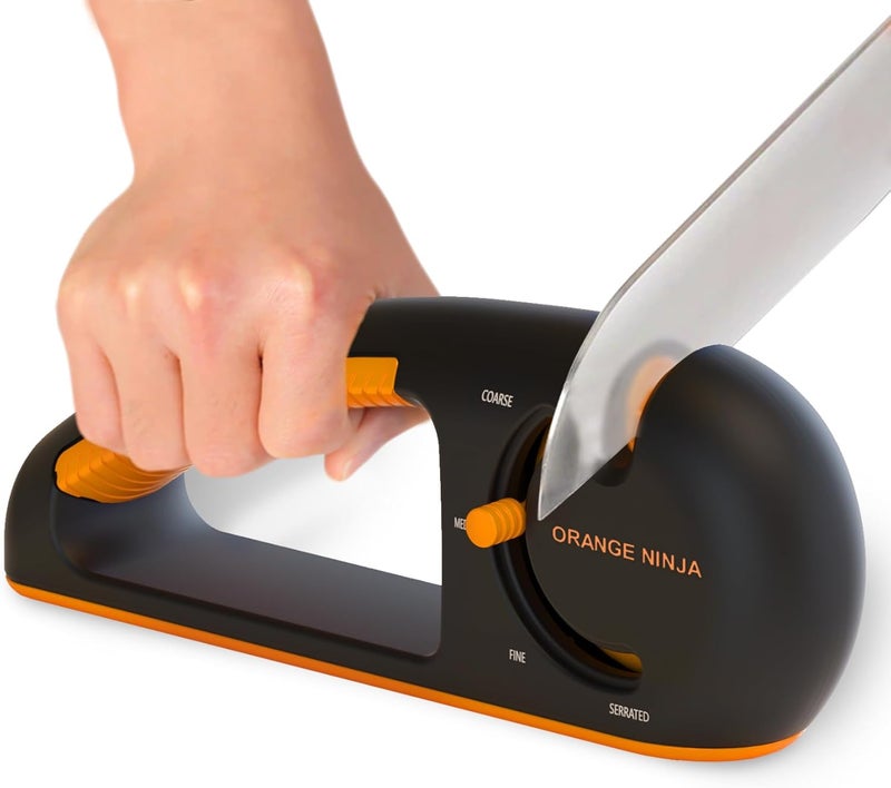 Sharp Pebble Orange Ninja 4-Stage Knife Sharpener & Serrated Knife Sharpener– Repairs, Sharpens & Polishes Blades with Ergonomic Non-Slip Grip - Image 1