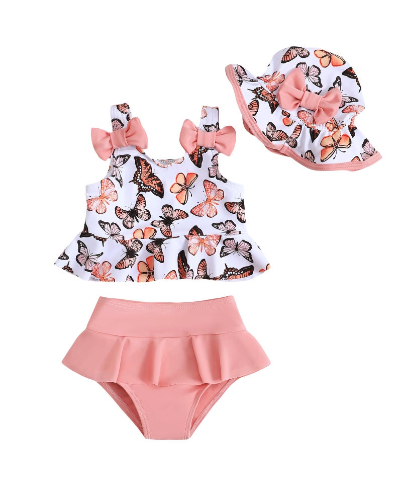 Mioglrie Toddler Swimsuit Girl 12-18 Months Toddler Bathing Suit Pink Butterfly Tankini Baby Girl's Swimwear Summer Beach Bikini Hat Outfits Set - Image 1