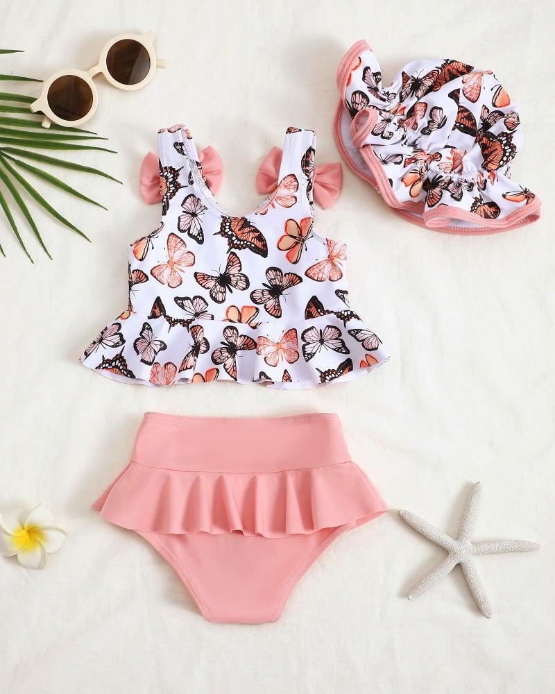 Mioglrie Toddler Swimsuit Girl 12-18 Months Toddler Bathing Suit Pink Butterfly Tankini Baby Girl's Swimwear Summer Beach Bikini Hat Outfits Set - Image 3