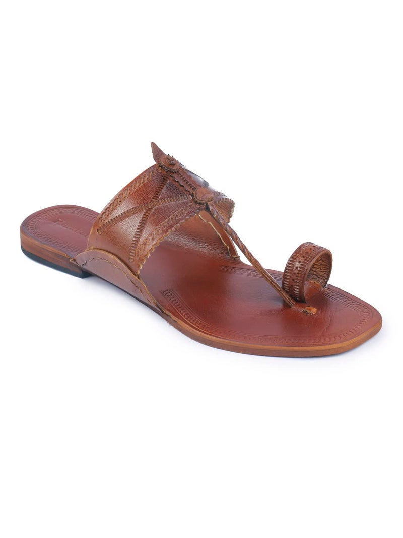 KORAKARI Men's Kolhapuri Chappal Tan Handcrafted Sandal Smooth and Comfortable Flip Flops Slipper Stylish Anti Slip Design Genuine Leather Traditional Footwear (UK-08) - Image 1