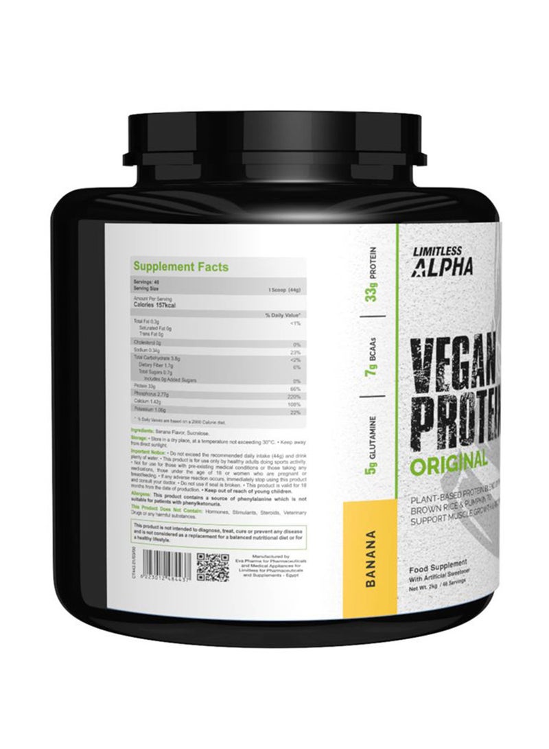 EVA PHARMA بروتين فيغان ليمتلس ألفا – 2 كجم – 33 جرام بروتين نباتي مع BCAA وغلوتامين – أرز بني، بازلاء وقرع – خالي من الجلوتين، كيتو وباليو – 46 حصة - نكهة الموز. - Image 3