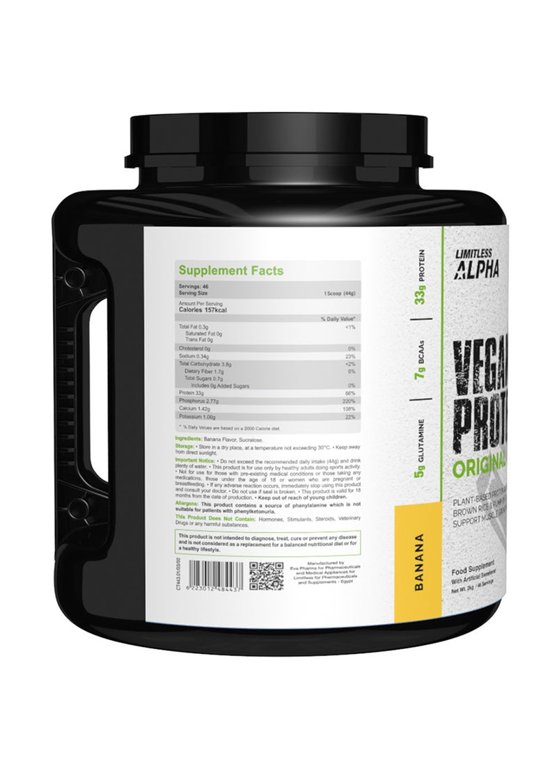 EVA PHARMA بروتين فيغان ليمتلس ألفا – 2 كجم – 33 جرام بروتين نباتي مع BCAA وغلوتامين – أرز بني، بازلاء وقرع – خالي من الجلوتين، كيتو وباليو – 46 حصة - نكهة الموز. - Image 2