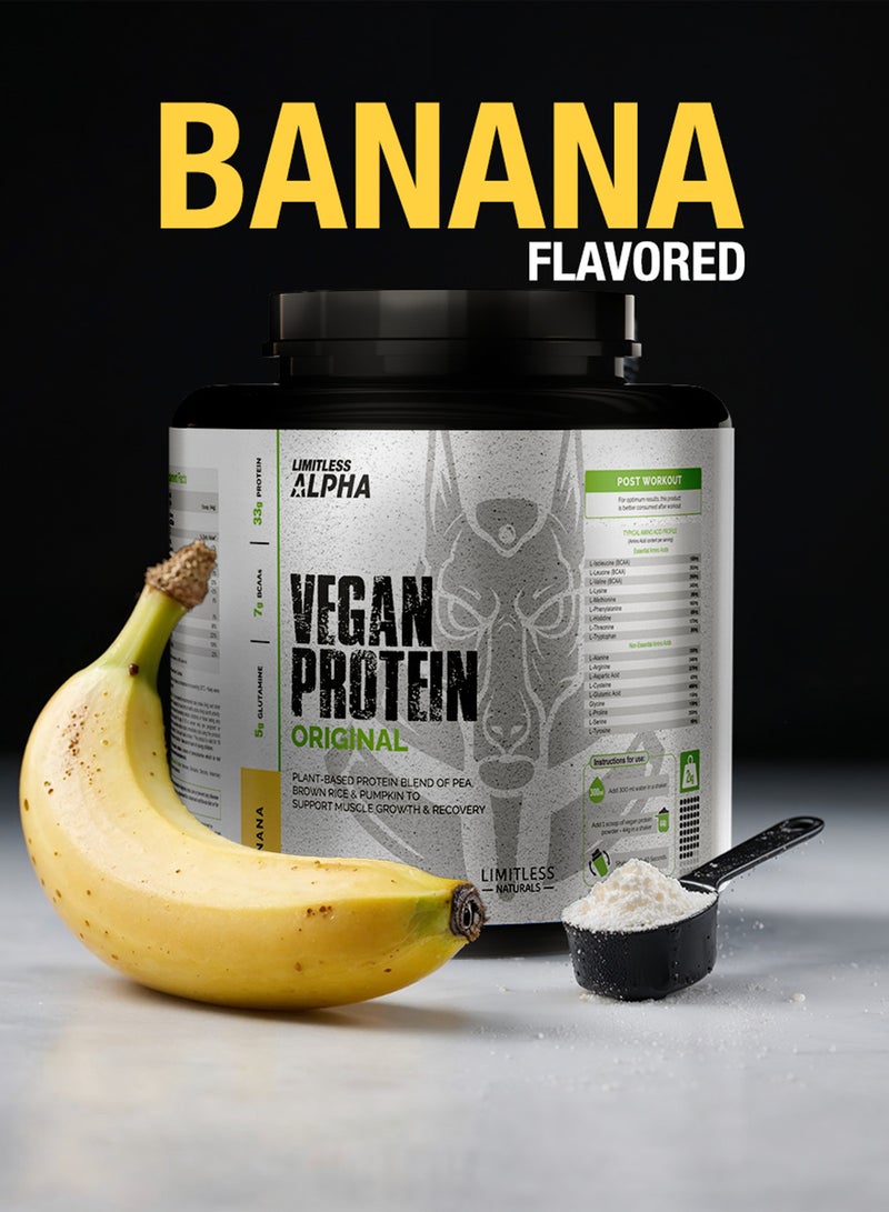 EVA PHARMA بروتين فيغان ليمتلس ألفا – 2 كجم – 33 جرام بروتين نباتي مع BCAA وغلوتامين – أرز بني، بازلاء وقرع – خالي من الجلوتين، كيتو وباليو – 46 حصة - نكهة الموز. - Image 5