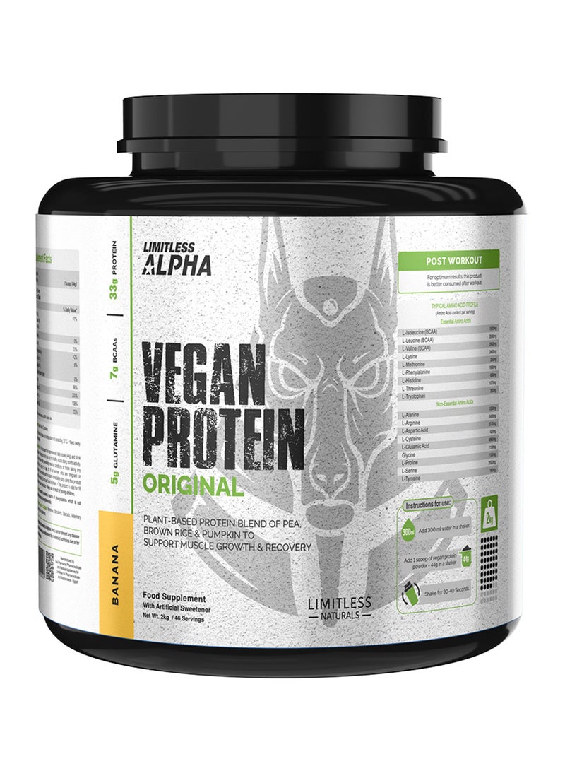 EVA PHARMA بروتين فيغان ليمتلس ألفا – 2 كجم – 33 جرام بروتين نباتي مع BCAA وغلوتامين – أرز بني، بازلاء وقرع – خالي من الجلوتين، كيتو وباليو – 46 حصة - نكهة الموز. - Image 1