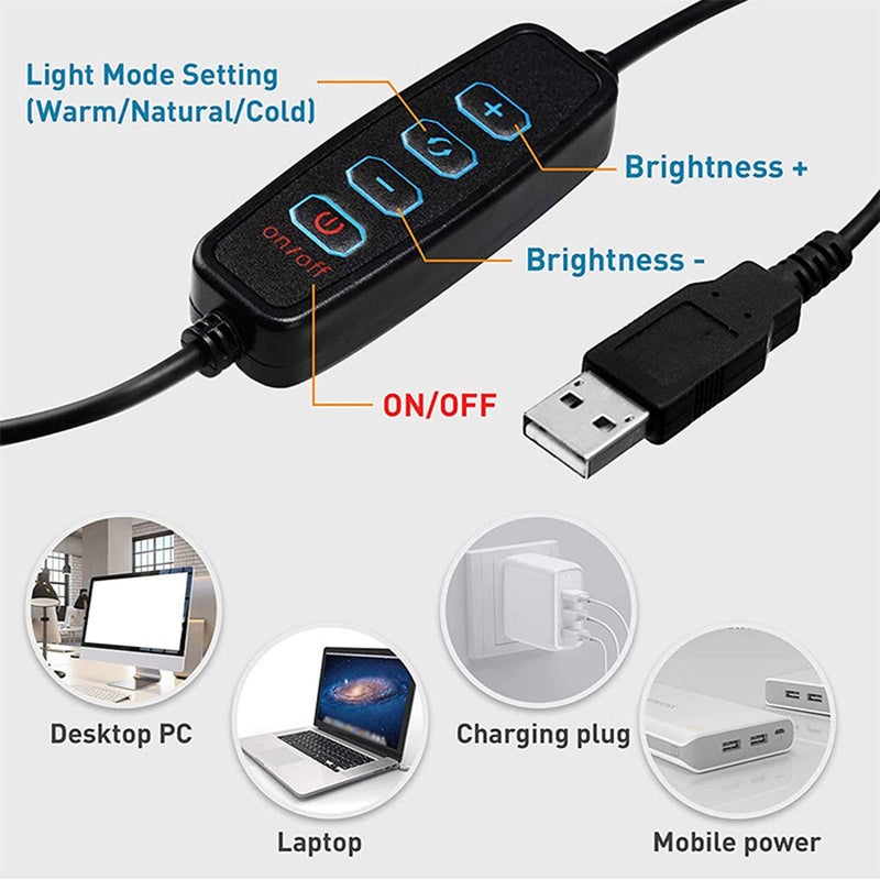 مضأة فلاش ليفي ذاتية من إضاءة LED مقاس 6 بوصات مع مشبك، تعمل بواسطة USB، بتغيير  درجات لونية مختلفة / قابلة للتعديل على 10 مستويات من سطوع الإضاءة وقابلة لتعديل زاوية الإضاءة، مناسبة لأجهزة الكمبيوتر المحمولة وشاشات الكمبيوتر ومقابلات الفيديو - Image 2