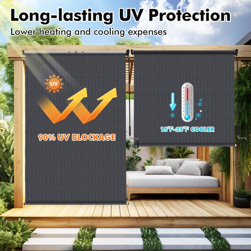 Artpuch Outdoor Roller Shade 8' W x 8' H, Blue Gray Exterior Cordless Patio Shades Roll Up Blinds with Spliced Pole Design, (2 Poles, One-Piece Fabric) - Image 2