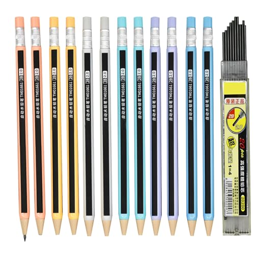Lopenle mechanical pencils (wood like) 12-Pack Colorful Wood-Imitating Automatic Pencils 2.0mm, 2B Lead, with Built-in Sharpener (6 Assorted Colors) + 10 Extra Refill Leads - Image 1