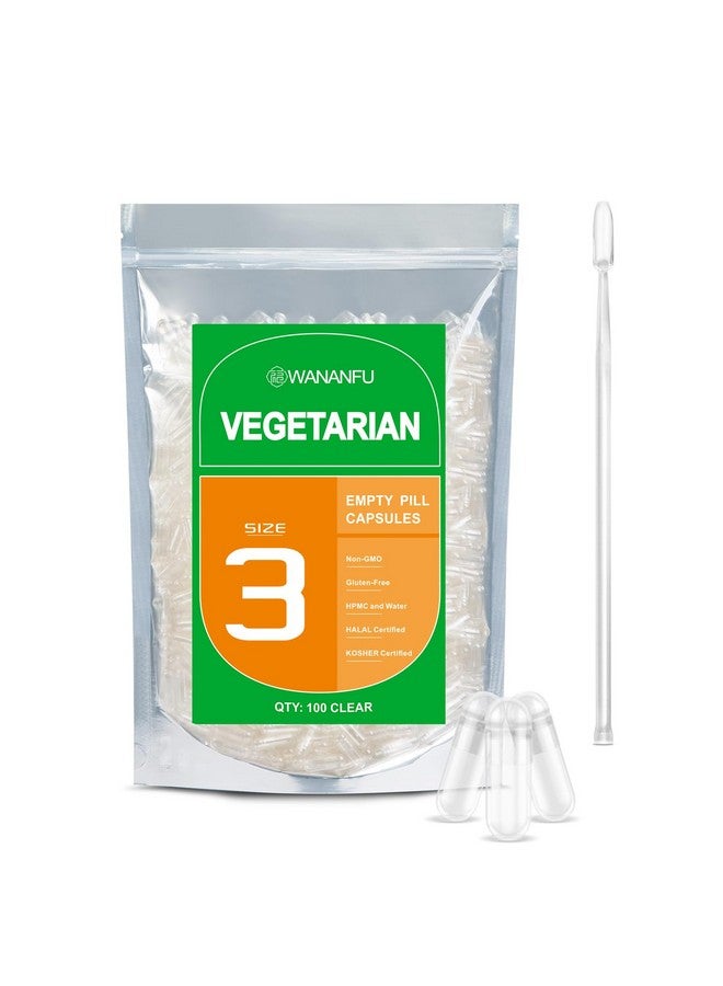 wananfu Size 3 Empty Capsules Vegetarian (100 Count) Bundle with 2 Micro Lab Spoons, Clear Fillable Veggie Pill Capsules Size 3 for Making Your Own Supplements - Image 1