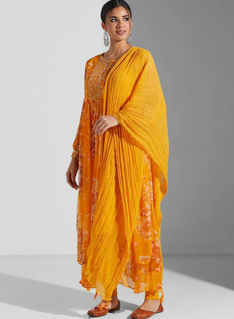 RITU KUMAR Printed Pleated Kurti & Pants Set With Dupatta