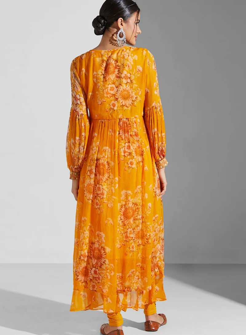 RITU KUMAR Printed Pleated Kurti & Pants Set With Dupatta