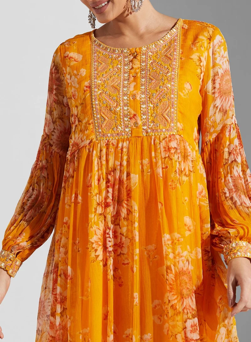 RITU KUMAR Printed Pleated Kurti & Pants Set With Dupatta