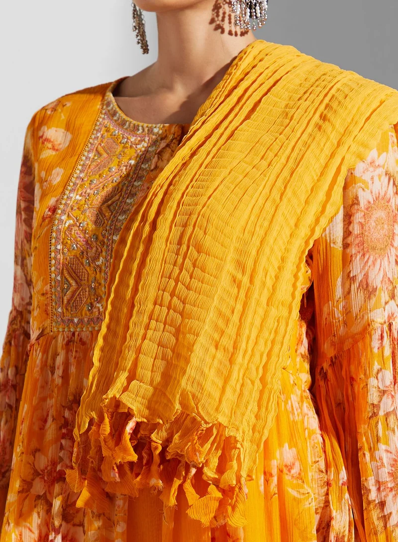 RITU KUMAR Printed Pleated Kurti & Pants Set With Dupatta