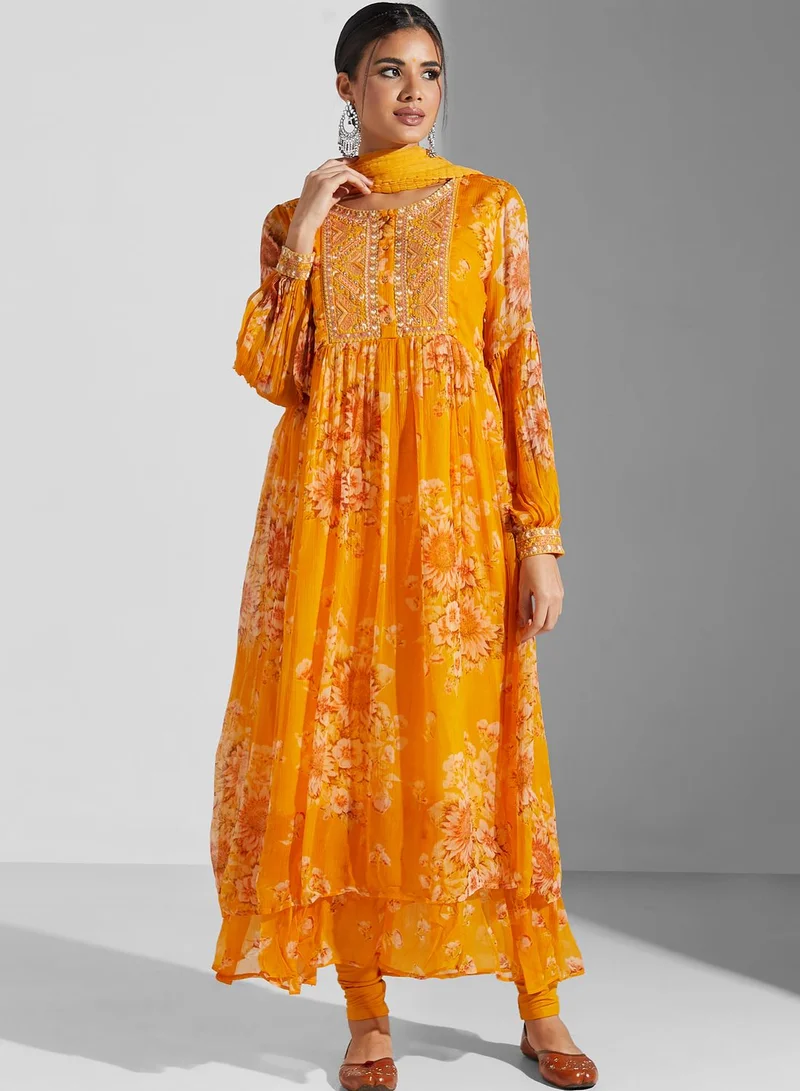 RITU KUMAR Printed Pleated Kurti & Pants Set With Dupatta